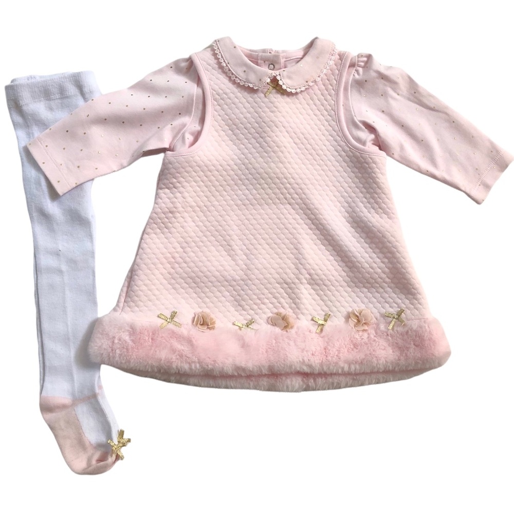 Little Me Pink Dress fur Trim and Tights 6M
